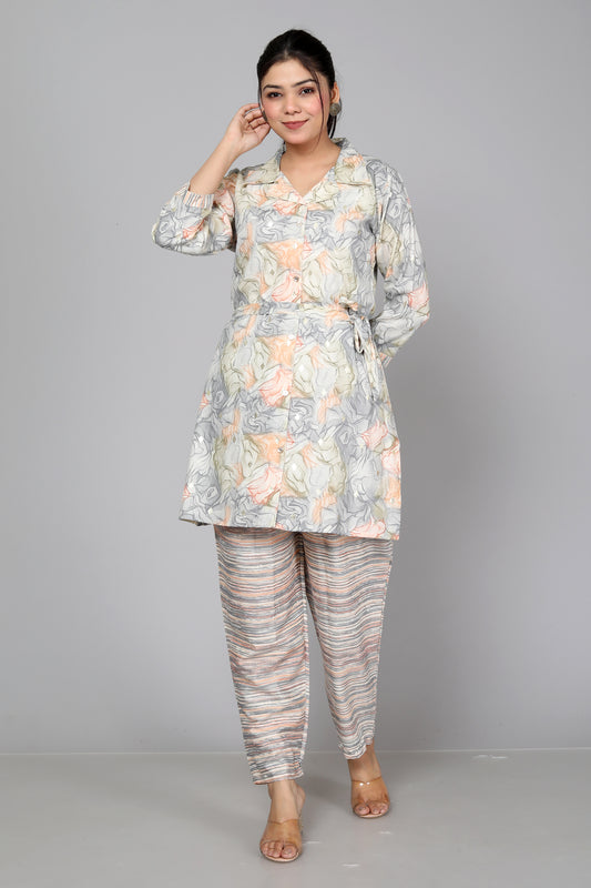 Peachy Dreams Grey & Peach Abstract Print Coord Set