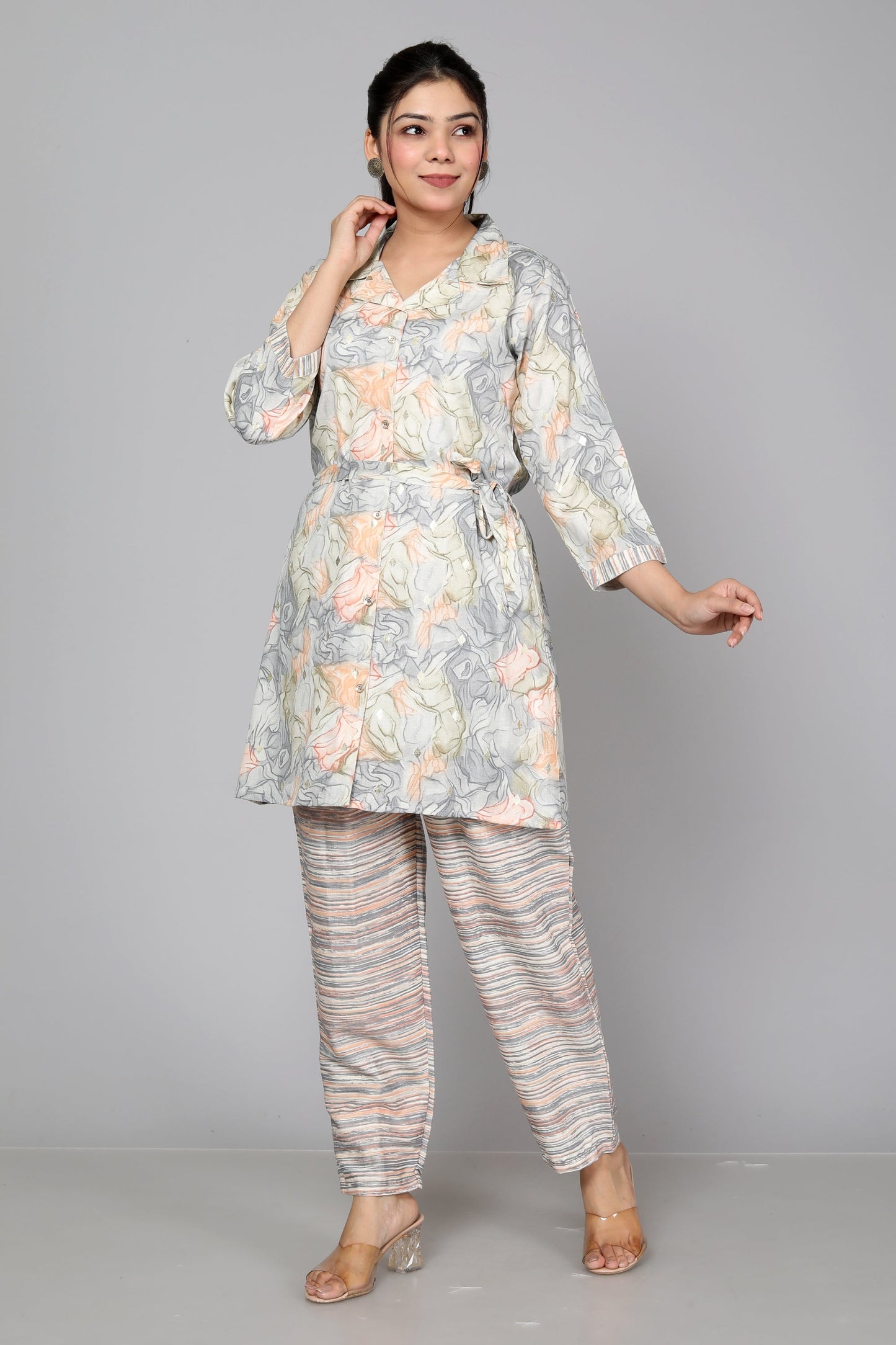 Peachy Dreams Grey & Peach Abstract Print Coord Set ( BOGO )