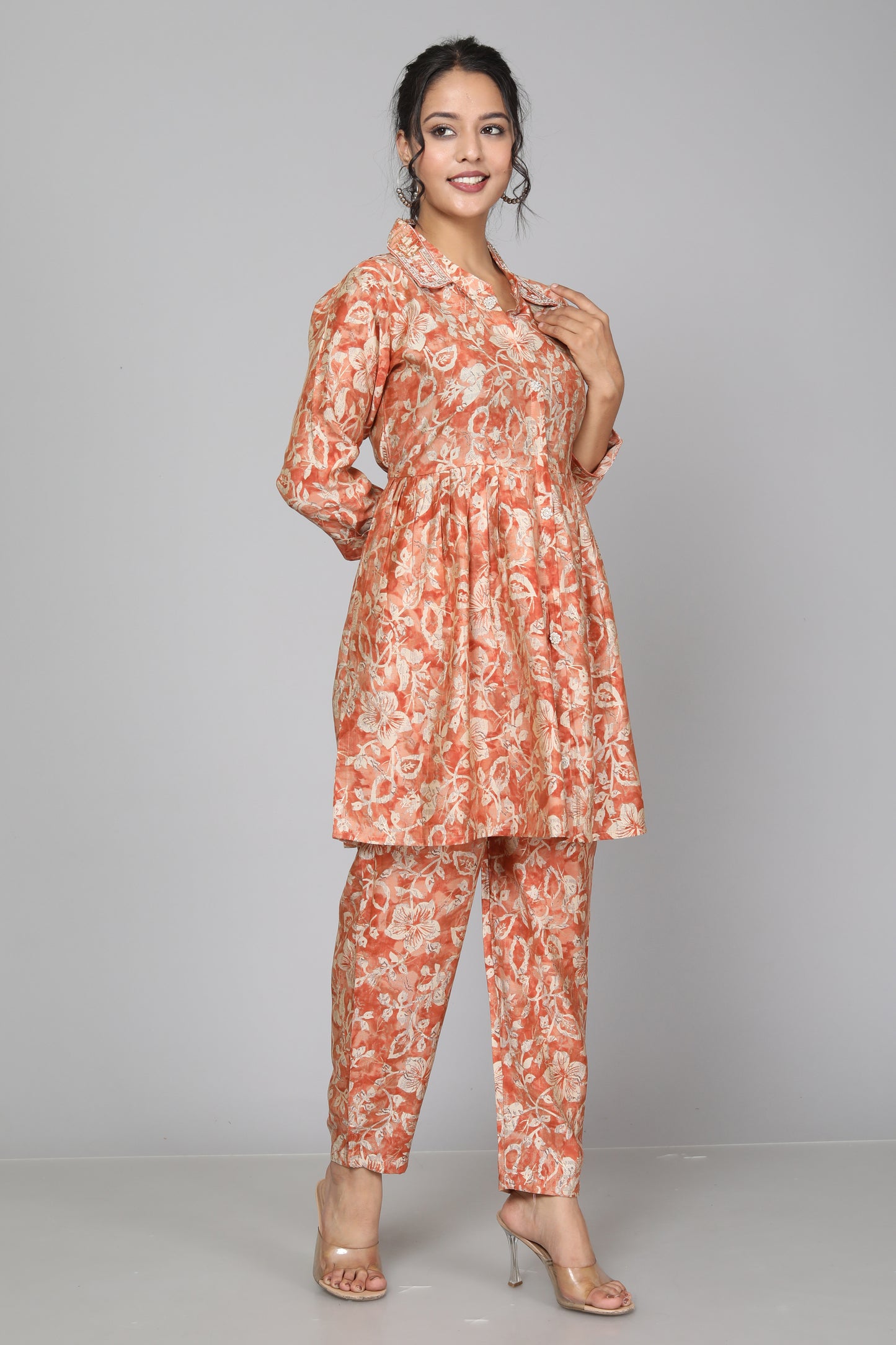 Blooming Peach Muslin Floral Coord Set