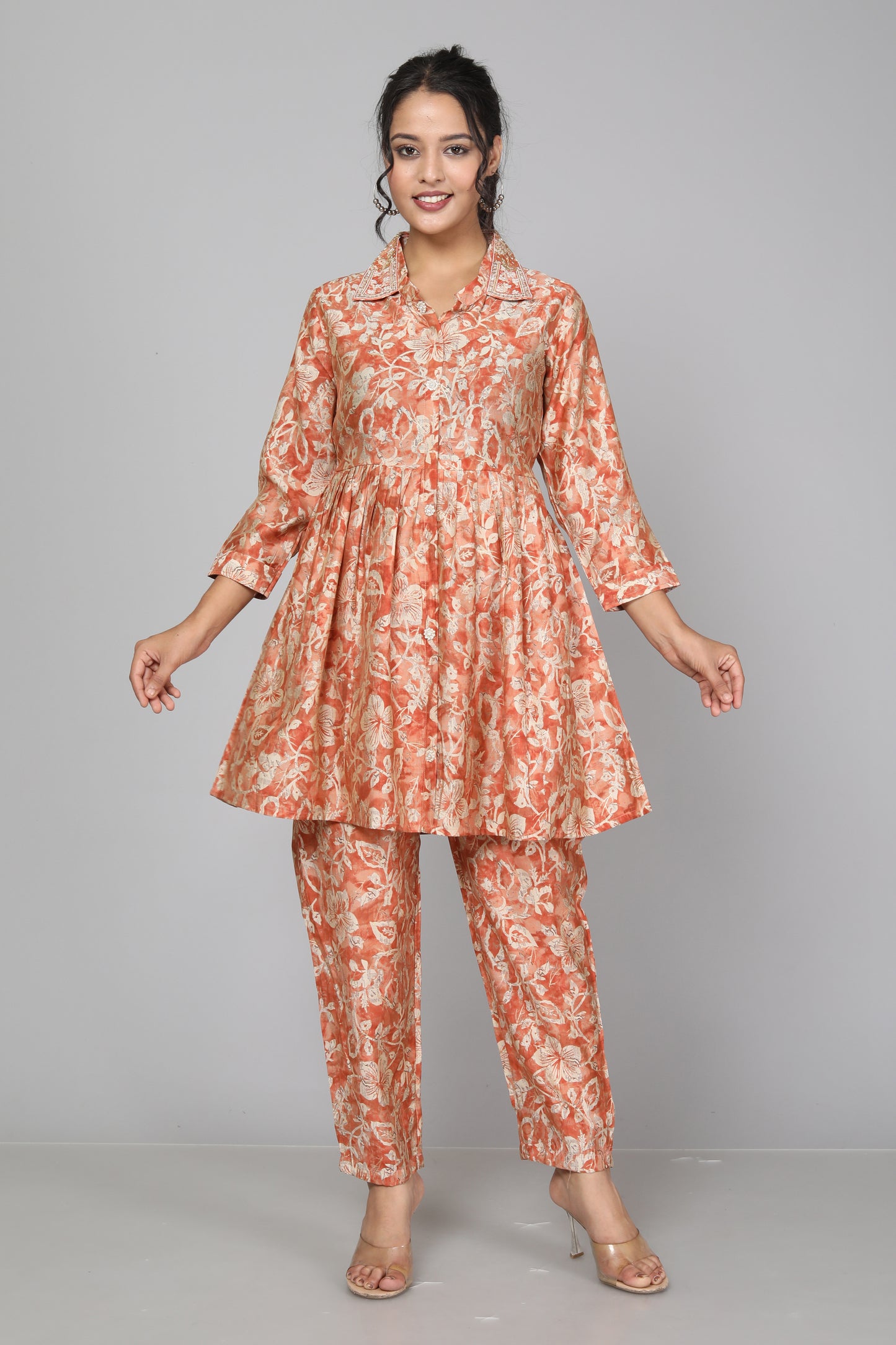 Blooming Peach Muslin Floral Coord Set