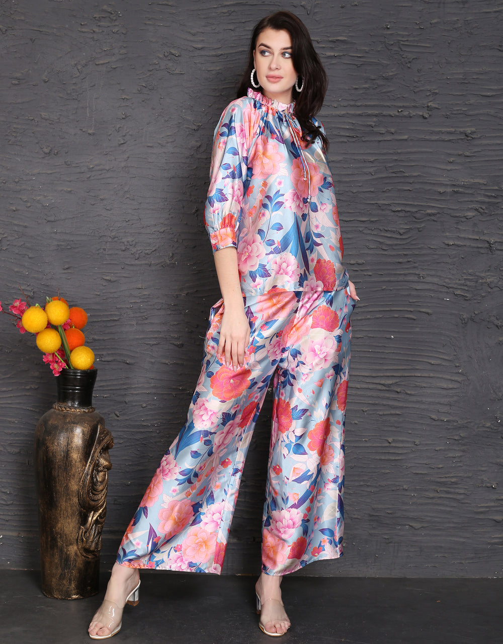 Blue & Pink Floral Blosson satin coord set