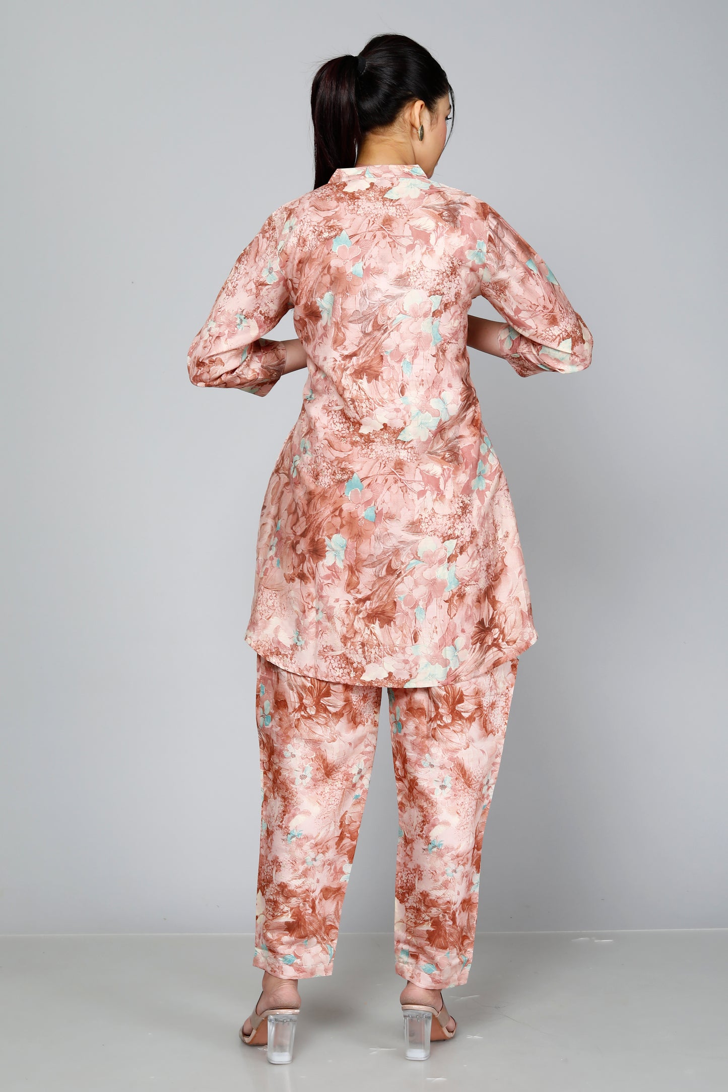 Peach Floral Printed Muslin Sequin Coord Set