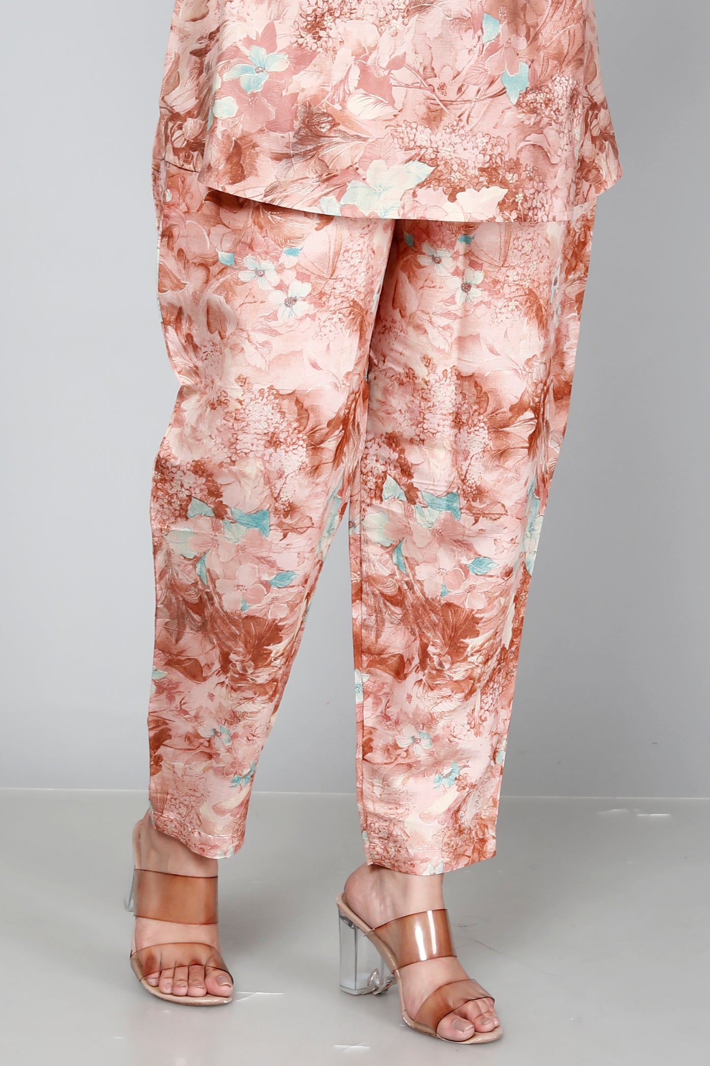 Peach Floral Printed Muslin Sequin Coord Set