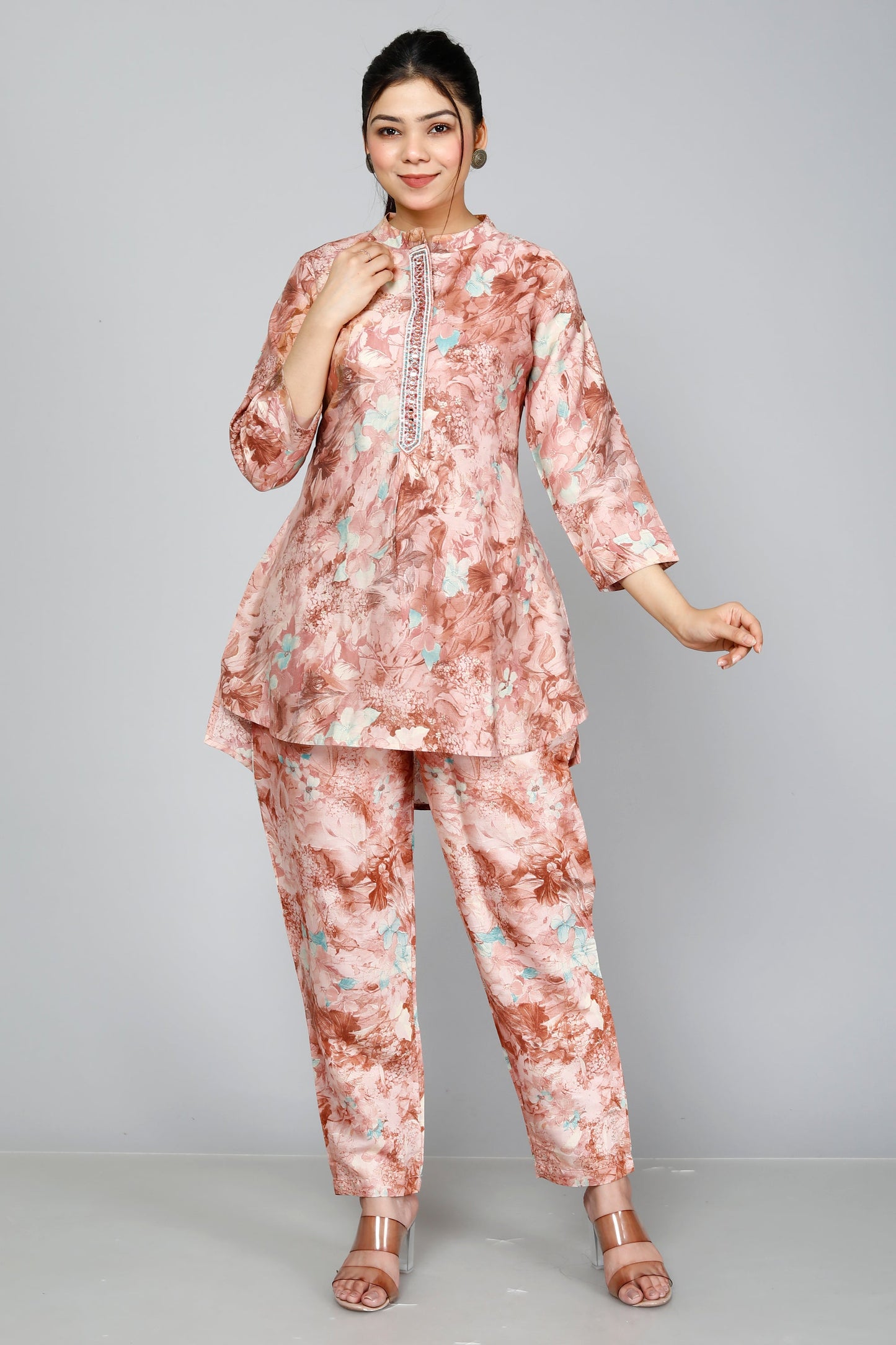 Peach Floral Printed Muslin Sequin Coord Set ( BOGO )