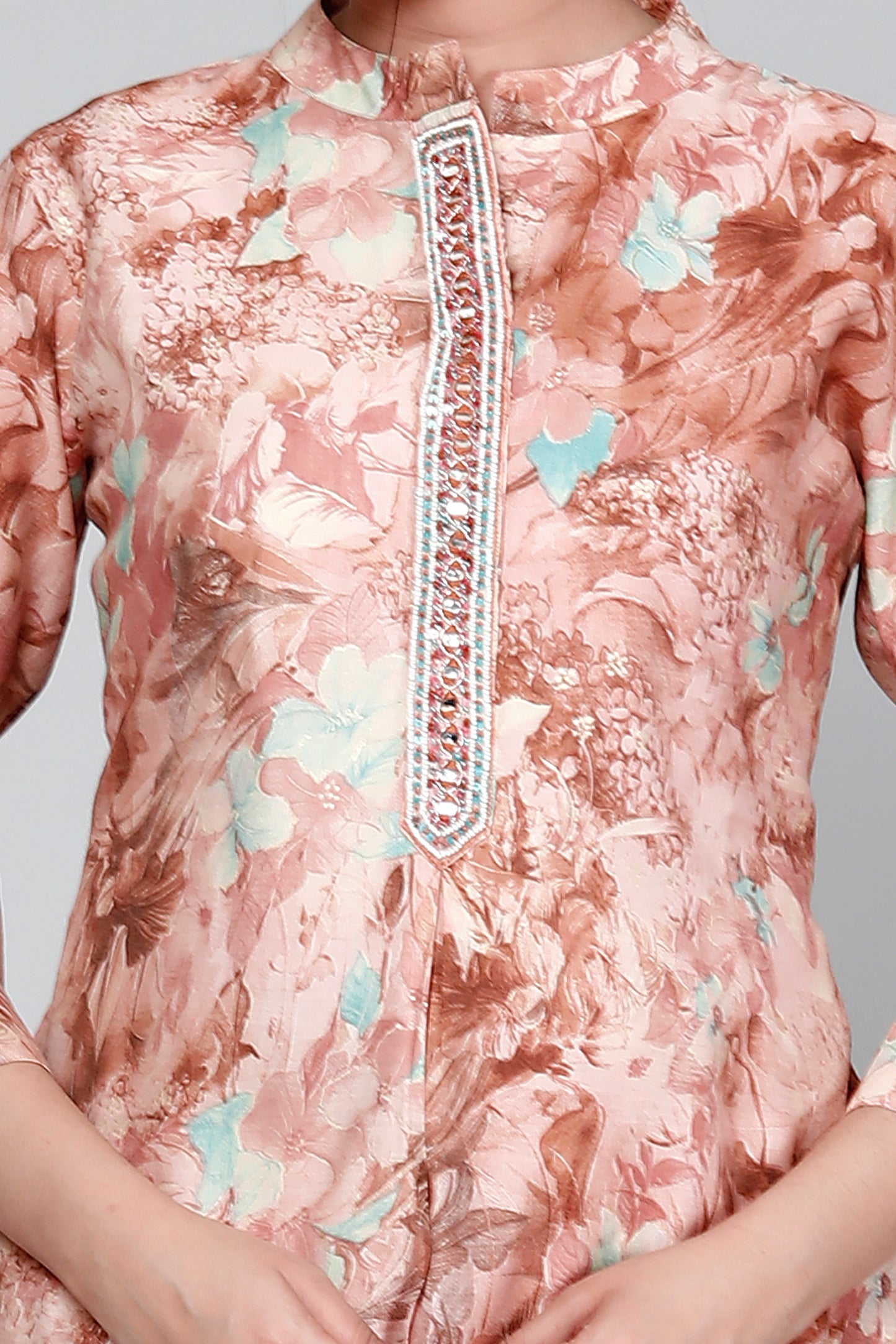 Peach Floral Printed Muslin Sequin Coord Set