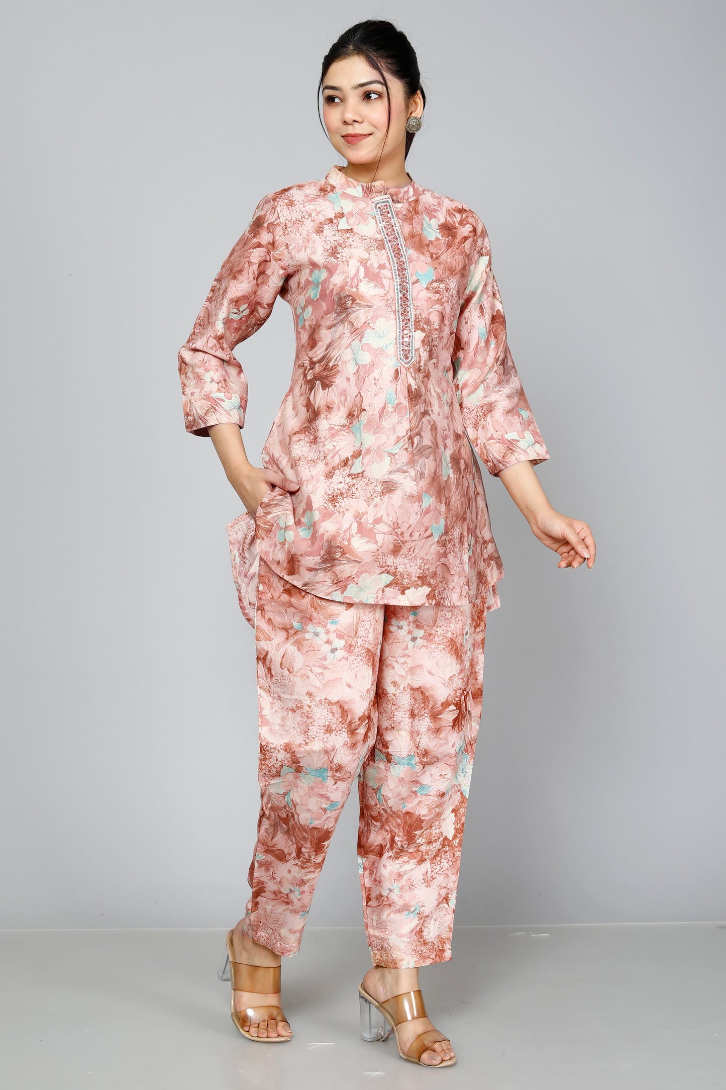 Peach Floral Printed Muslin Sequin Coord Set