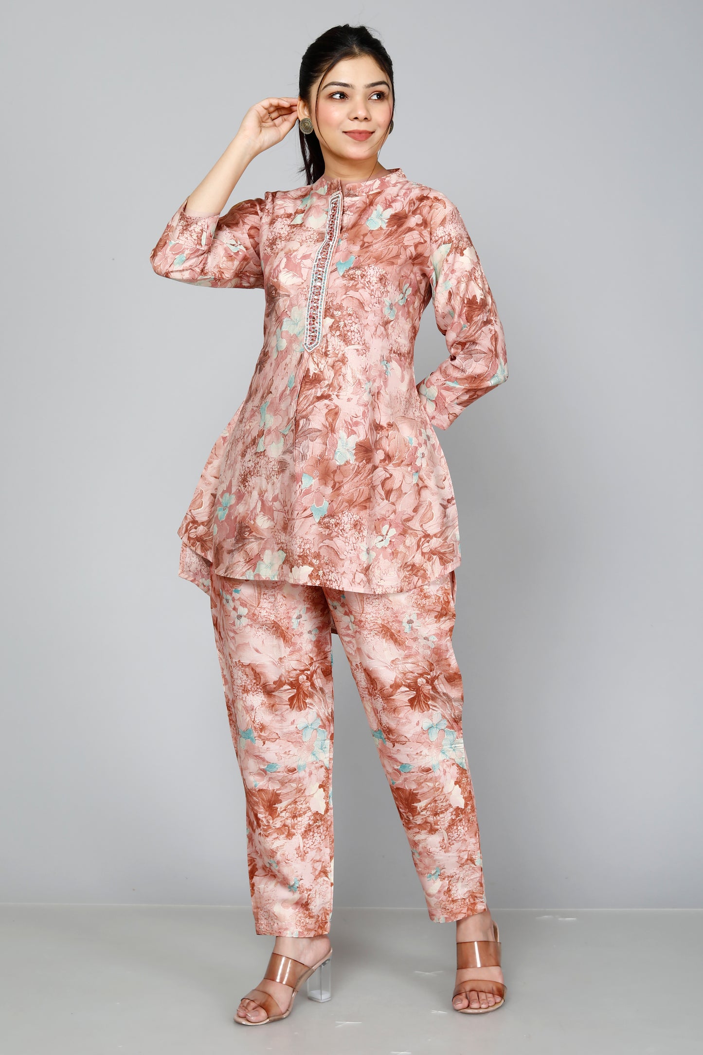 Peach Floral Printed Muslin Sequin Coord Set