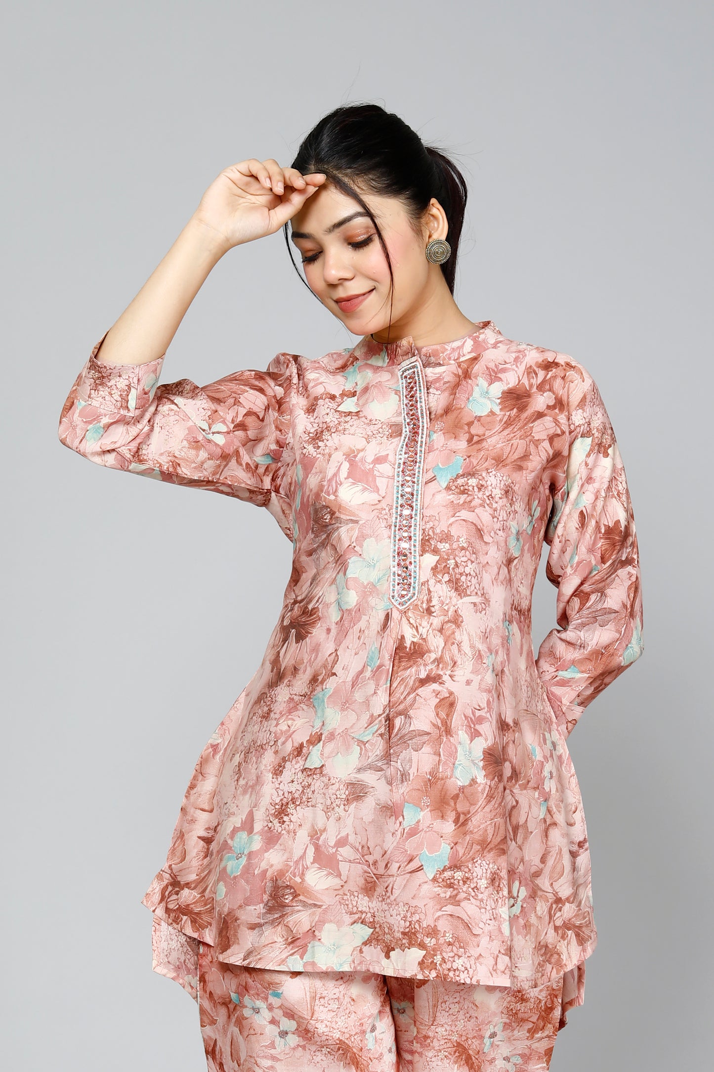 Peach Floral Printed Muslin Sequin Coord Set