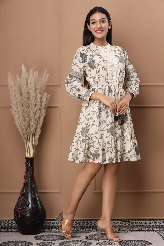 FLORAL JAAL KHAKI COLOR DRESS