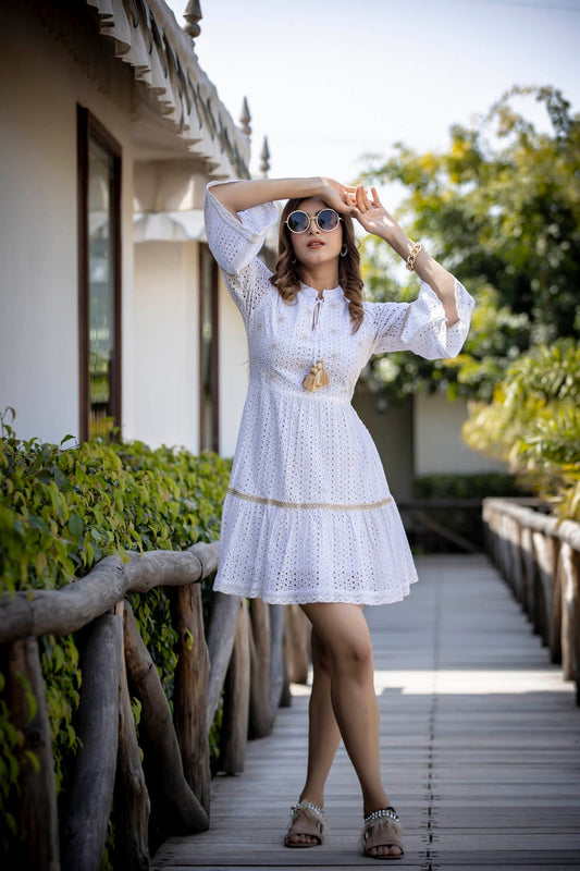 FLORAL EMBROIDERED WHITE CHIKANKARI DRESS