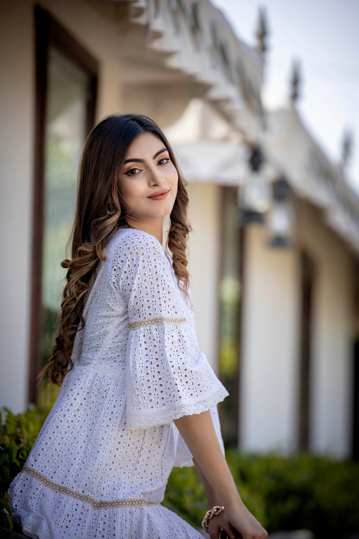 Flower embroidered hotsell white dress